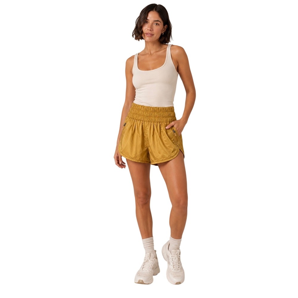 FP Movement The Way Home Shorts M Gold High Rise Smocked Running Athletic